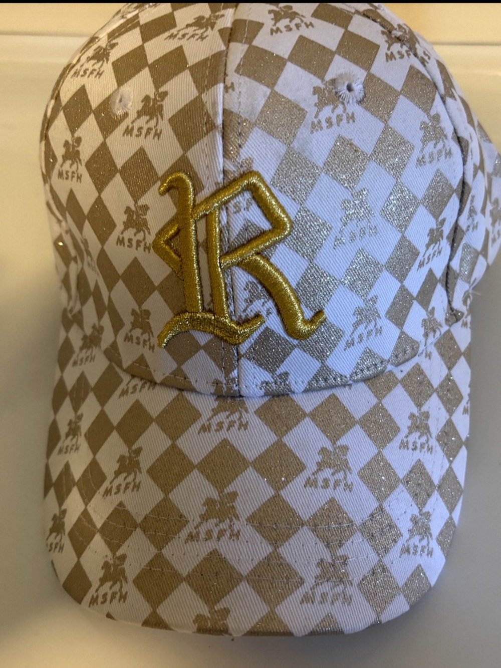 Gold 'R' Embroidered Beige & White Checker Baseball Cap MSFH